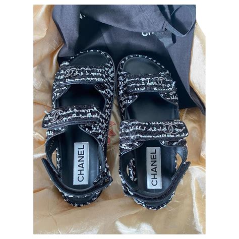 silver chanel dad sandals|Chanel dad sandals tweed.